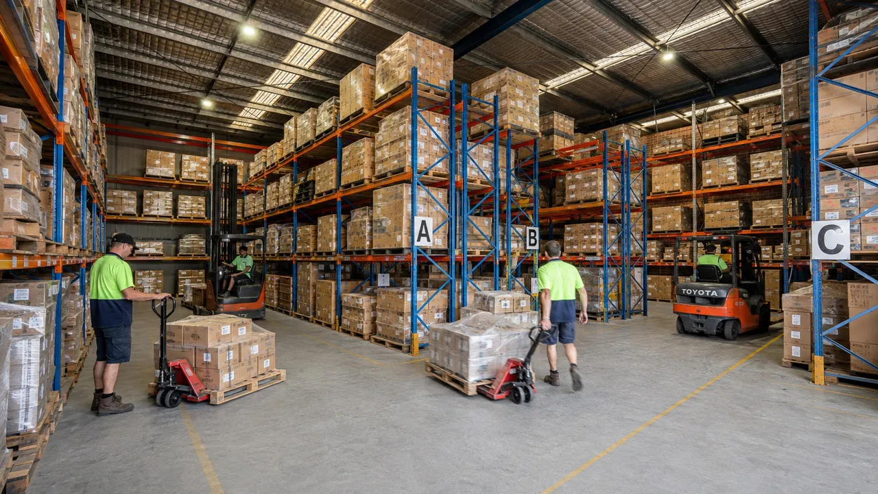 Crew moving palletised stock between racking bays in a warehouse
