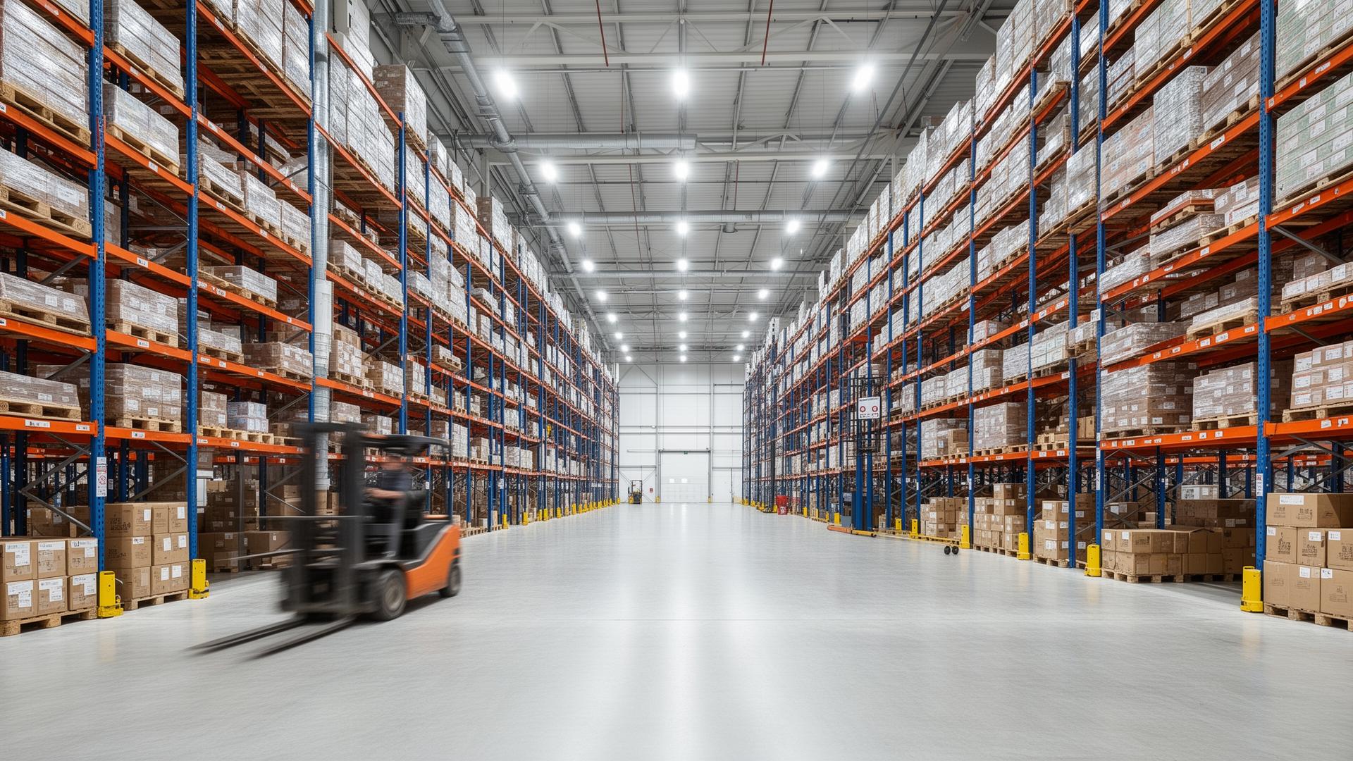 Modern logistics warehouse with high racking