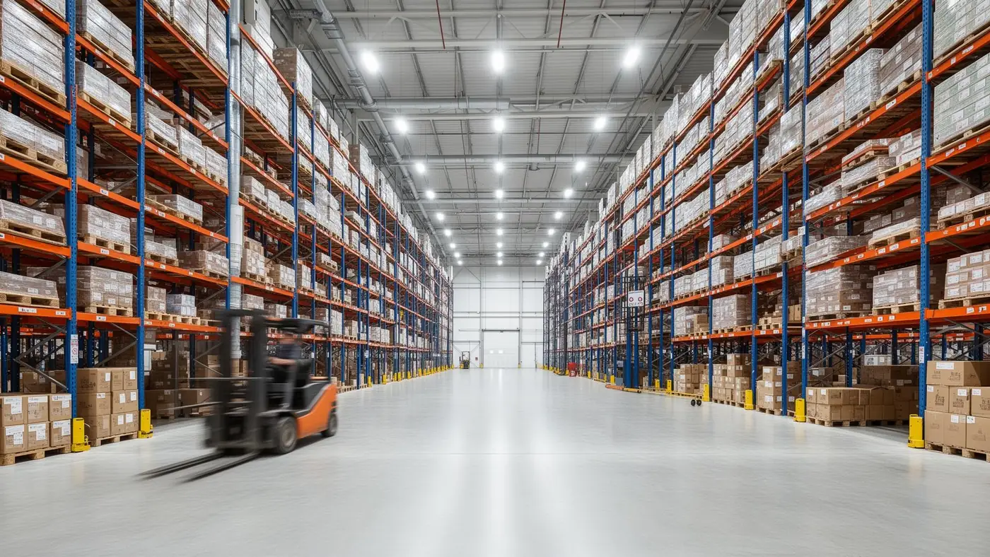 Modern logistics warehouse with high racking